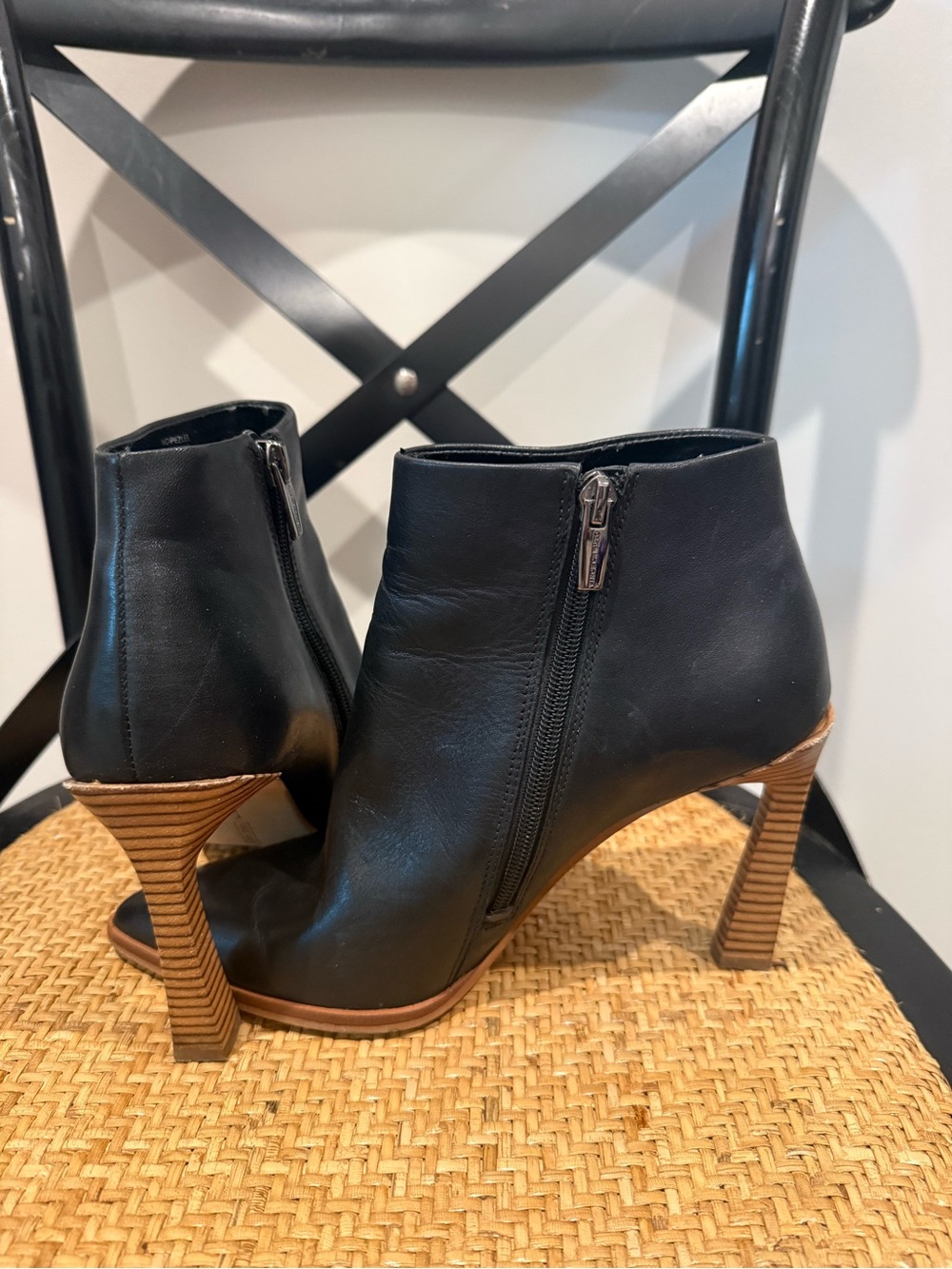 Vince Camuto Pezlee Black Leather Pointed Ankle Boot with Stacked Brown Heel - Picture 5 of 6